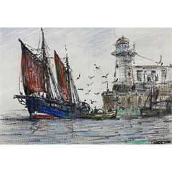 Jack Rigg (British 1927-2023): Boats off Scarborough Lighthouse, pastel and felt pen signed and dated 2016, 19cm x 28cm