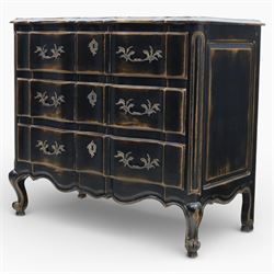 French style black lacquered chest of drawers, the serpentine front fitted with three graduated drawers mounted with scrolling foliate metal handles and key plates, shaped apron and scrolled cabriole legs