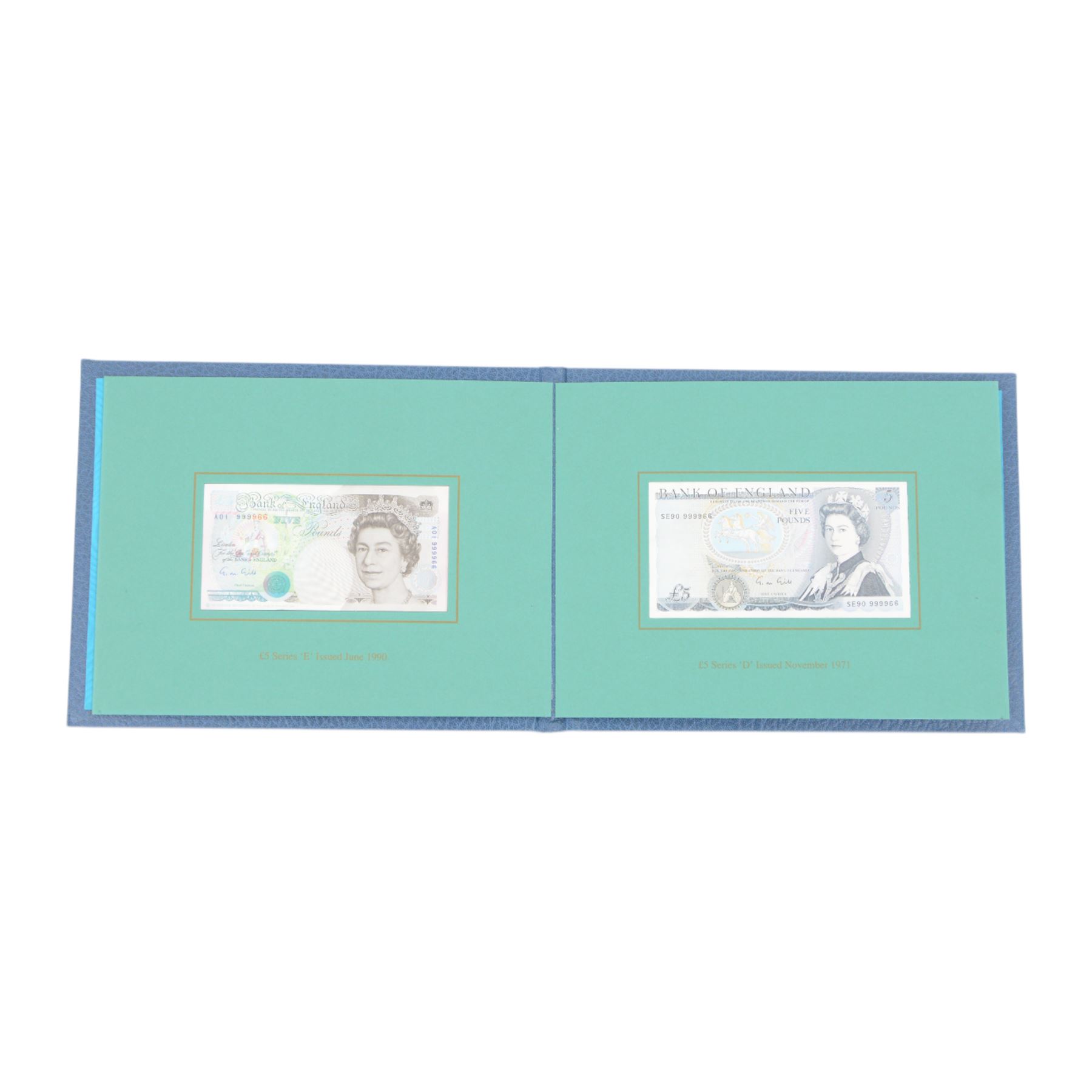 Seven Bank of England limited edition presentation pack pairs of banknotes, all with matching serial number 999966, comprising Gill five pound series D and E prefixes SE90 and A01, Kentfield five pound series E prefixes W18 and AA01, Kentfield ten pound series D and E prefixes KR30 and A01, Kentfield ten pound series E prefixes X40 and DD01, Gill twenty pound series D and E prefixes 20X and A01, Kentfield series E prefixes W35 and X01, and Kentfield series D and E prefixes E30 and A01, housed in leatherette binders manufactured by the Bank of England, 