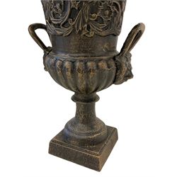 Pair of Victorian design ornate cast iron garden urn, bronze finish, egg and dart border, twin handled column, pedestal base