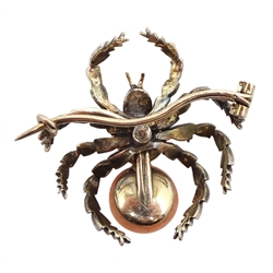 Victorian gold and silver spider brooch, set with diamonds, coral and a grey split pearl 