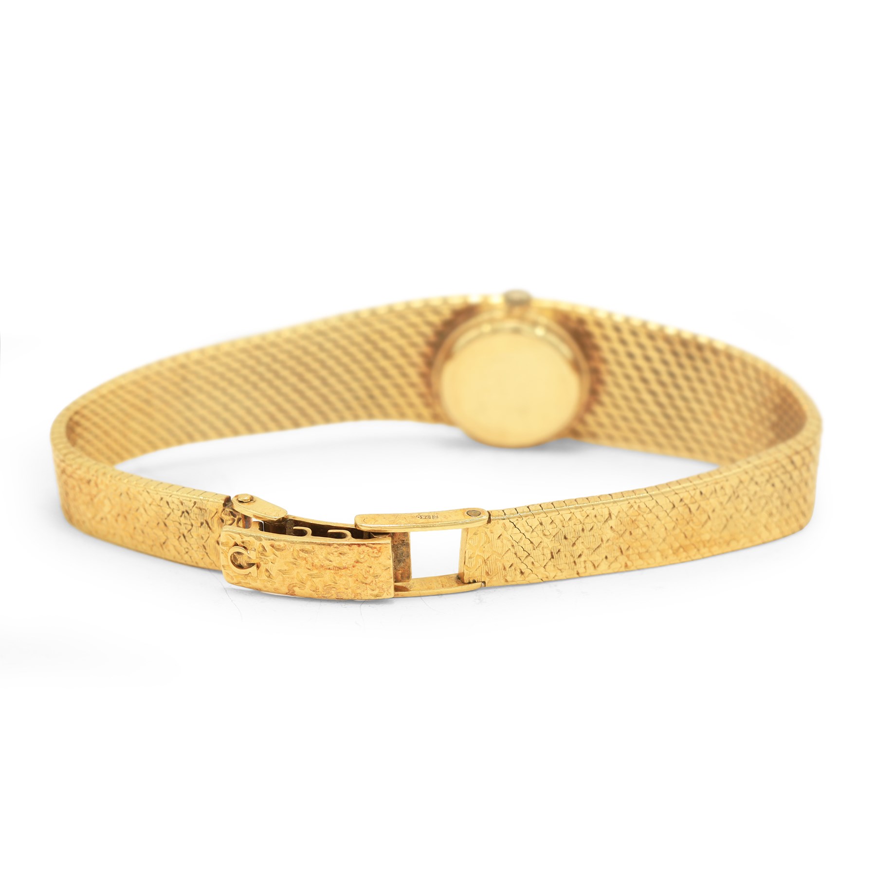 Omega ladies 18ct gold manual wind wristwatch, Cal. 650, champagne dial with baton hour markers, Helvetia hallmark, on integral 18ct gold bracelet, Helvetia hallmark with London import mark 1971