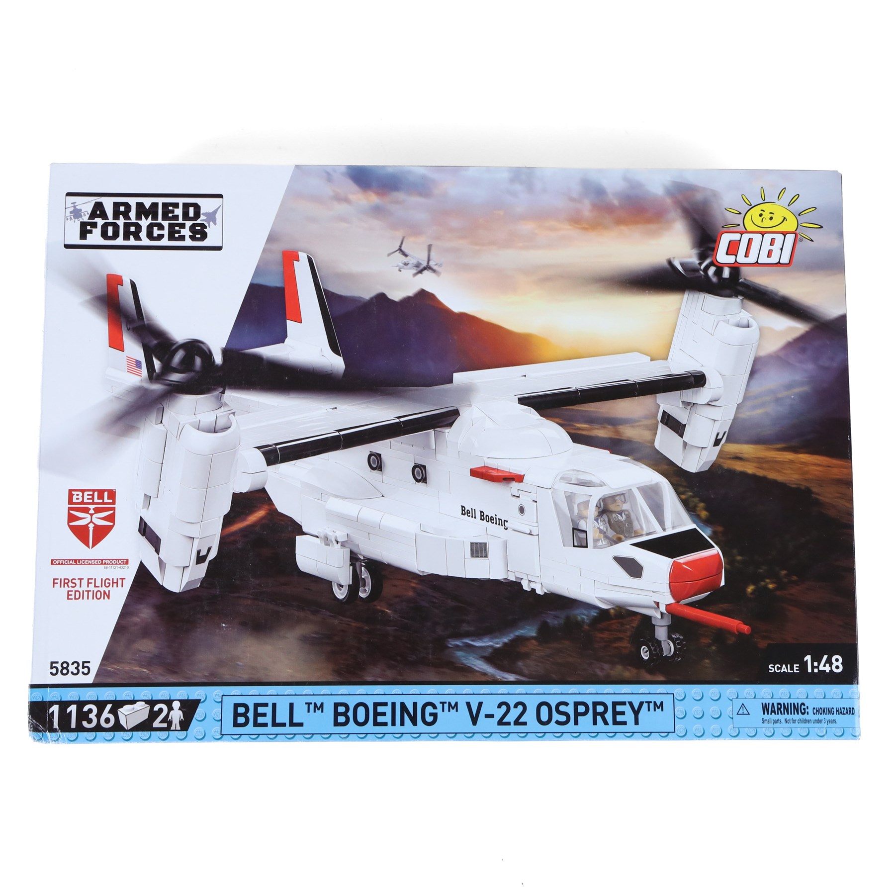 Four Cobi Bricks 1:48 scale Armed Forces model aircraft sets, comprising no. 5835 Bell Boeing V22 Osprey, no. 5909 SU-57 Felon, no. 5899 F-4S Phantom II and no. 5895 F-35 B Stovl Lightning II, all in sealed boxes