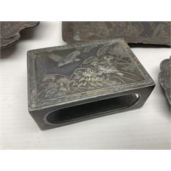 Brass sunfish ashtray, Chinese silver plated trinket box with mirror, bronzed matchbox cover and a collection of other Oriental bronzed embossed metal trays