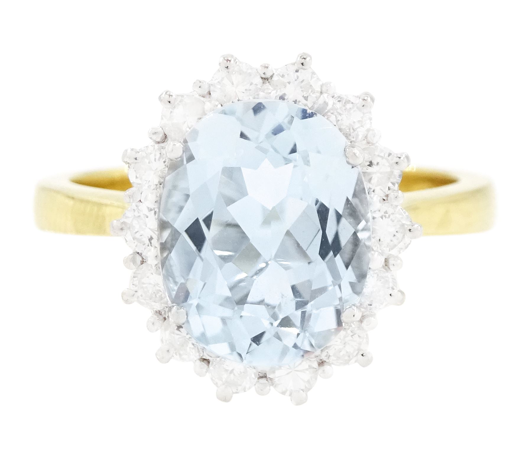 18ct white gold aquamarine and diamond cluster ring, single oval cut aquamarine of approx 2.30 carat, surrounded by fourteen round brilliant cut diamonds, London 2022, total diamond weight approx 0.45 carat