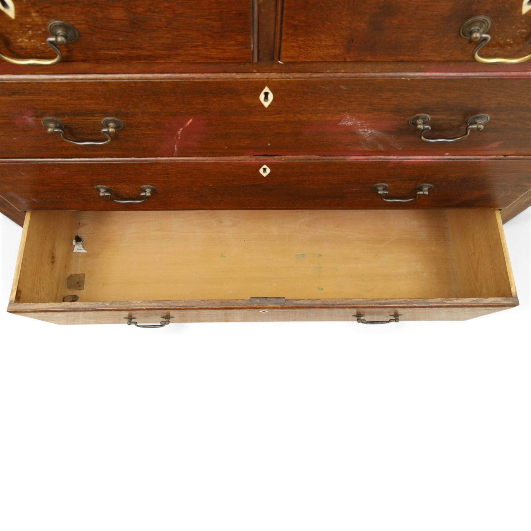 18th century oak chest, fitted with two short and three long graduating drawers, bone escutcheons and brass swan neck handles, bracket feet