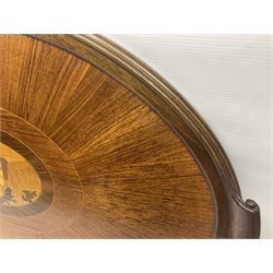 Late 19th/early 20th century mahogany and marquetry inlaid tray, of oval form with twin scrolled handles and moulded border, the central panel inlaid with figures seated at a table drinking tea, L99cm