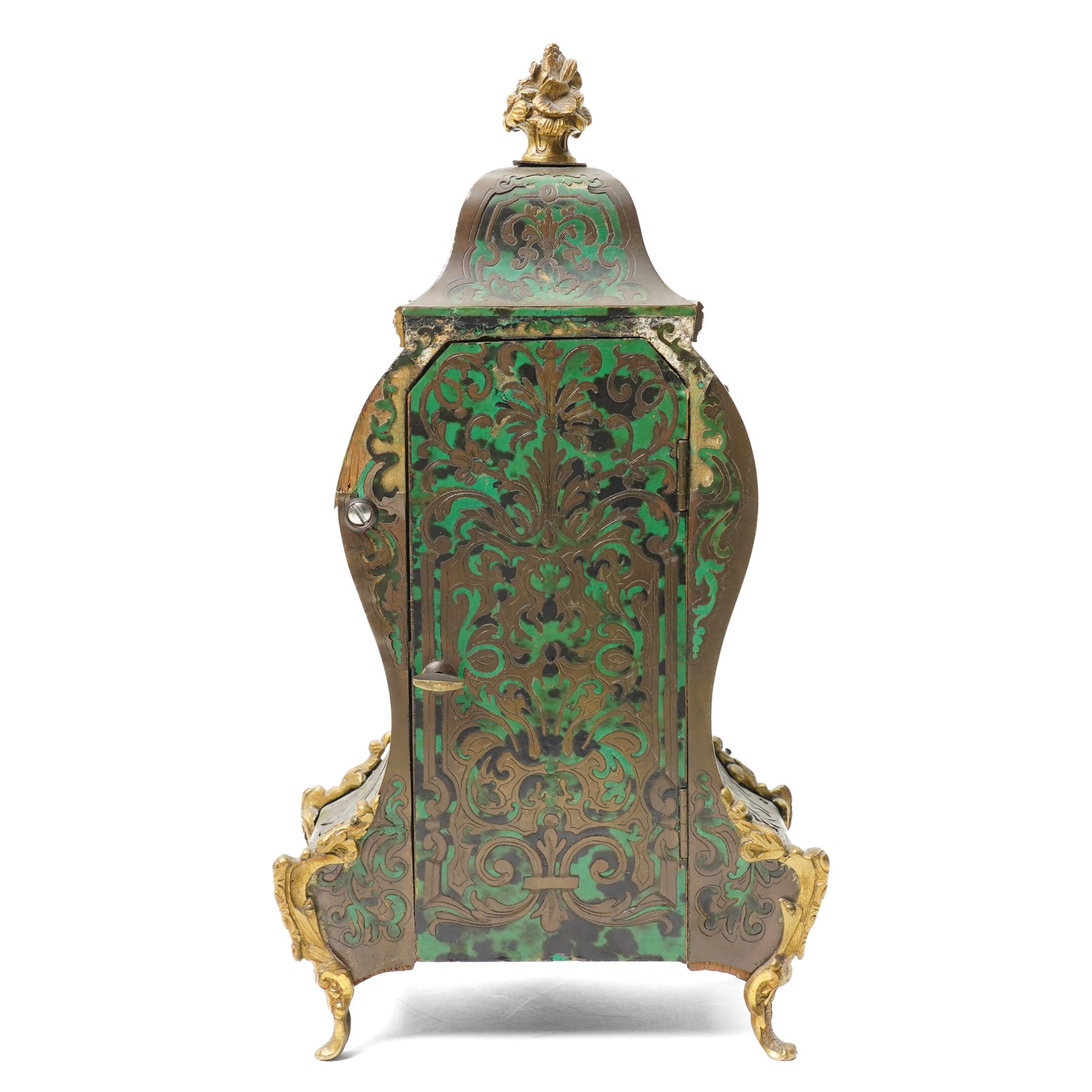 Late 19th century mantel clock in stained green tortoiseshell Boulle work case with white and blue enamel dial, bell strike and gilt metal mounts on shaped supports H30cm