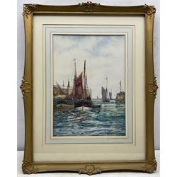 Frank (Frederick) William Scarborough (British 1860-1939): Whitby and Kirkcaldy boats in Harbour, watercolour signed 33.5cm x 24cm 
Provenance: with the Mangate Gallery London, label verso