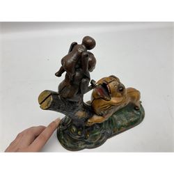 Late 19th century cast-iron mechanical money bank 'Lion and Two Monkeys' by Kyser & Rex with impressed patent mark for 17th July 1883 H25cm L23.5cm