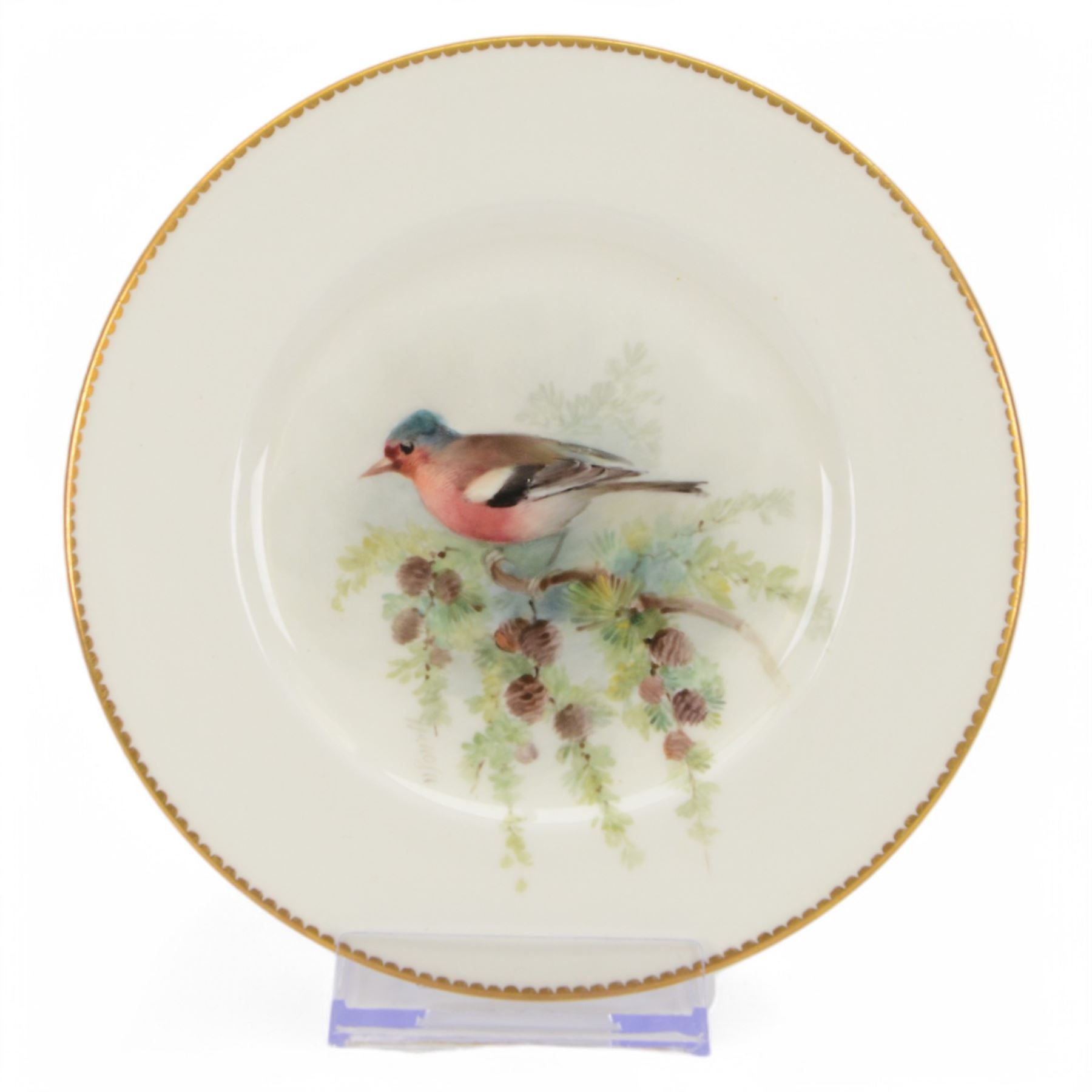 Four Royal Worcester hand painted ornithological plates, by W Powell, painted with a 'Chaffinch', 'Robin' 'Swallow' and 'Grasshopper Warbler', each named verso and bearing printed mark, D15cm 
