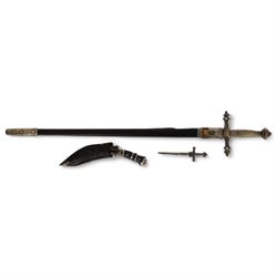 Kukri dagger, Masonic Ceremonial sword in leather scabbard with white metal collar and a l...