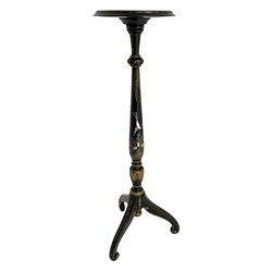 Early 20th century Chinoiserie lacquered torchère or plant stand, raised gilt decoration depicting birds in naturalistic scene, circular moulded top on turned column, three splayed supports