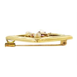 French early 20th century 18ct gold ruby, pearl and diamond square brooch, open work set with six cabochon cut rubies, two rose cut diamonds and four blister pearls, Eagle hallmark