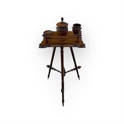 Victorian oak smoker’s companion stand, moulded rectangular top with fitted smoking accessories including urn and bowl, on turned tripod base with finial stretcher