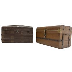 Early 20th stained dome-top and metal bound travelling trunk (W77cm D41cm H46cm); and a mid-20th century scumbled metal travelling case with hinged top (W64cm D44cm H42cm)