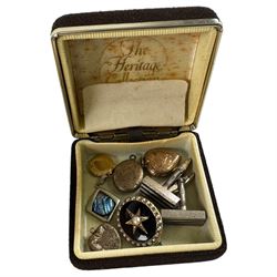 Victorian 15ct gold and enamel locket converted to a brooch, 9ct gold and silver paste ring, silver jewellery including chain and moss agate ring and a collection of costume jewellery