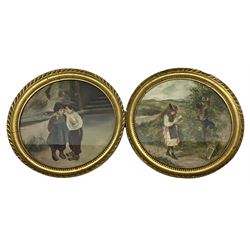 English School (19th century): Children Telling Secrets and Girl Reading Book in Countryside, pair circular oils on board unsigned 30cm x 30cm (2)