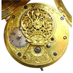 George III gilt verge fusee pocket watch by William Brown, London, No. 219, round baluster pillars, white enamel dial with Arabic numerals, bull's eye glass and one other gilt verge fusee front wound pocket watch (2)