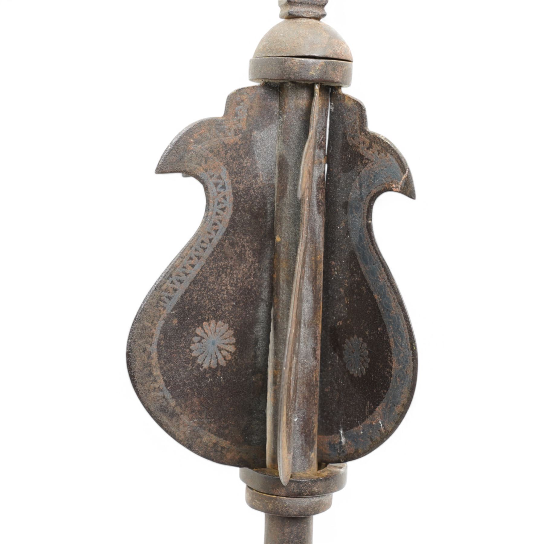Indian Shishpar steel flange mace with six engraved hinged flanges, the shaft with a ball terminal L71cm 