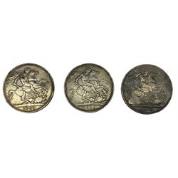 Three Queen Victoria crown coins, dated 1898 and two 1889
