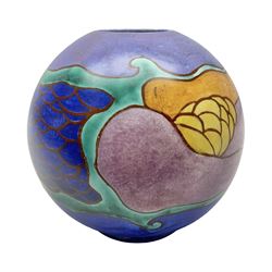 Clarice Cliff Bizarre for Newport Pottery Inspiration Tresco pattern vase, the body of shape 370 globe form painted in yellow, orange, pink, purple, green and blue with stylised island and sea related motifs such as scales and seaweed, with painted and impressed marks beneath, H15cm