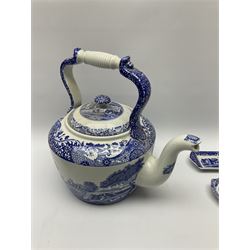 A large Spode blue and white Italian pattern novelty teapot, H33cm, with black printed mark beneath, together with a selection of other Spode blue and white Italian pattern wares. 