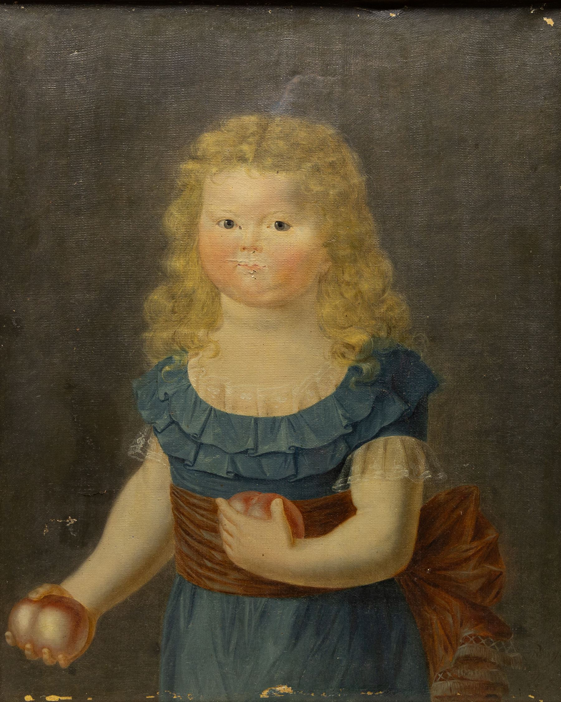 Royer (French 18th century): Portrait of a Girl Holding Peaches, oil on canvas signed and dated 1795, inscribed verso 55cm x 45cm