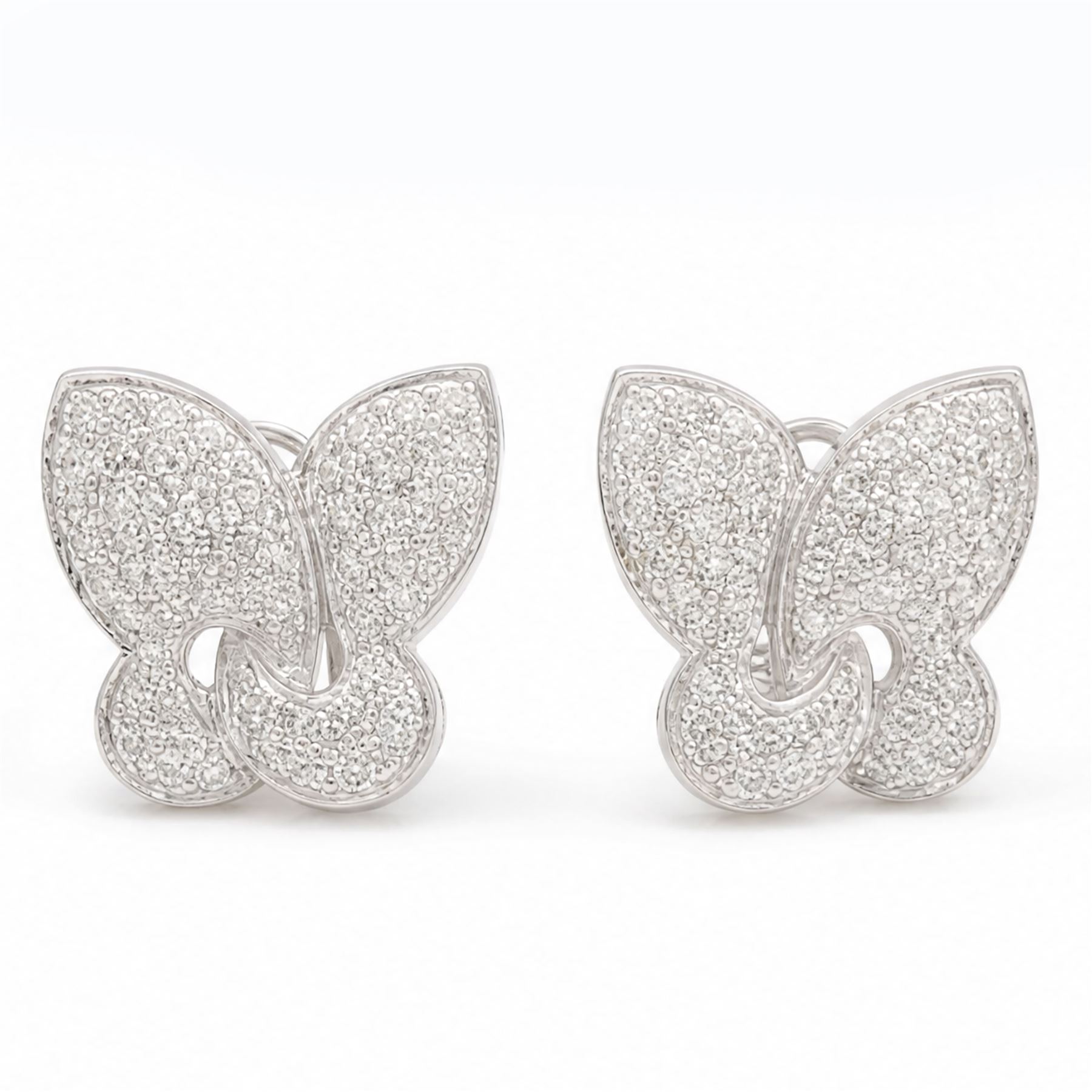 Pair of 18ct white gold diamond butterfly earrings, each stud pave set with single cut diamonds, stamped 750
