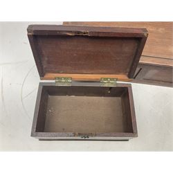 Small Victorian writing slope with mother of pearl cartouche engraved J. Massingham 1864, and escutcheon, together with two further boxes, largest L49cm (3)