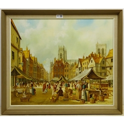 Steven Scholes (Northern British 1952-): Market Place York 1850's, oil on canvas signed 50cm x 60cm  

