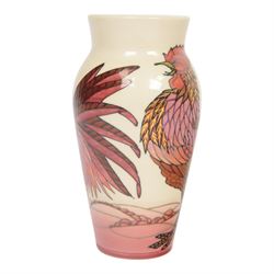 Dennis Chinaworks, Cockerels vase, dated 2005, baluster form decorated with red lustre cockerels on a white ground, limited edition 5/25, printed and painted marks beneath, H21cm