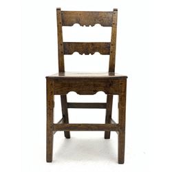 18th century oak chair, tapered back with two horizontal splats with fret work decoration, plank seat, tapering supports joined by stretchers