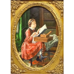  Portrait of a Seated Lady and Girl Learning to Knit, two 20th century oval oils on panel signed by Claude Du Bois 33cm x 23cm in ornate gilt frames (2)  