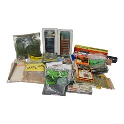 N gauge model railway scenery and accessories, including two Kato Diotown buildings, Ratio...