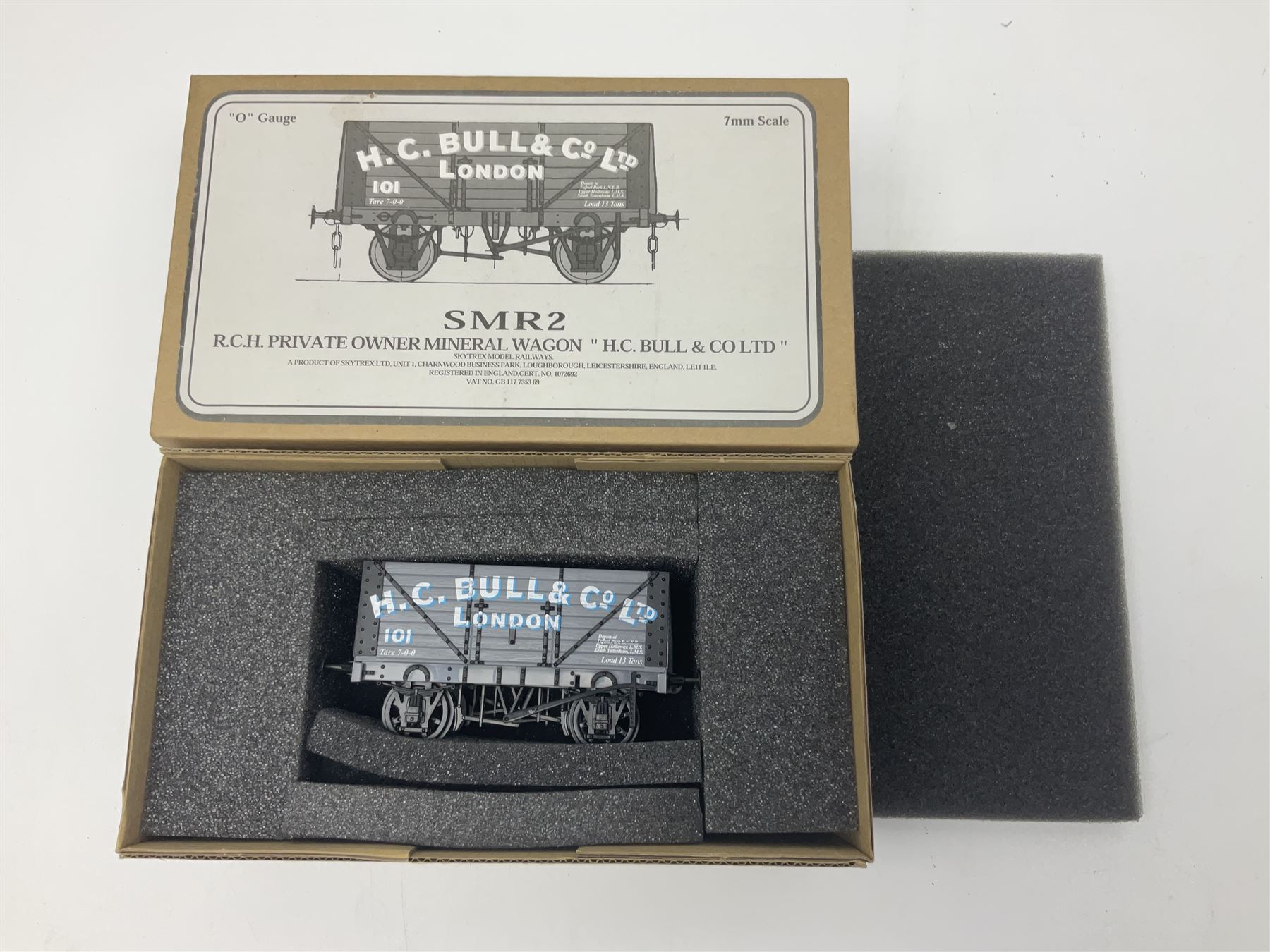 '0' gauge - two Finescale Wagons by Skytrex, SMR2 kit-built and painted for H.C. Bull & Co Ltd; both boxed; and Peco unmade wagon kit in opened packaging (3)