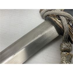 German Paul Weyersberg & Co Solingen DLV flyers dagger with 18cm steel blade, plated brass/tombac downswept cross-piece and pommel and leather covered grip, in leather and plated brass/tombac scabbard with leather hanger strap and silvered knot L35cm overall. Auctioneer's Note: After WWI Germany was forbidden an air force by the Treaty of Versailles however the Deutscher Luftsport-Verband (German Air-sport Association) was formed in March 1933 from various sports flying clubs and had branches for aeroplane, gliding and balloon flying. Under cover of the sporting DLV, many future Luftwaffe pilots trained to fly. DLV was embodied with the NSKK in March 1935 and on 1st March 1937 Luftwaffe was formed.