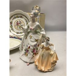 Royal Doulton Diana figure, three Coalport ladies figures comprising Debutante Fiona, Debutante of the Year 1995 and May Ball, two with boxes, two Beswick pigs comprising Wall Champion Boy 53, no.  1453A and CH Wall Queen 40 no.1452A, other ceramics and three glass decanters, two with ceramic label tags