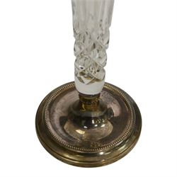 Drimmer table lamps, decorated with flowers upon a blue ground, together with a glass tulip vase upon a silver base, hallmarked 