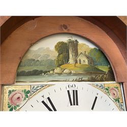 Thirty-hour oak cased longcase clock by  William Bancroft of Scarborough circa 1830, with a swan’s neck pediment, brass patera and three brass spire and ball finials, stepped break arch hood door flanked by plain pillars with brass capitals, trunk with a full length door and curved arch top, on a plain square plinth with bracket feet, painted break arch dial with roman numerals and quarter hour Arabic’s, date recorder (anti clockwise) and matching brass hands, arch painted with a rural scene depicting a ruined tower and cottage with depictions of flowers to the spandrels, dial pinned directly to a chain driven countwheel striking movement, striking the hours on a bell. With weight and pendulum. The Bancroft family were prodigious Scarborough clockmakers during the 18th and 19th century, William Bancroft is recorded as working in Newborough Street from 1820 onwards. 


