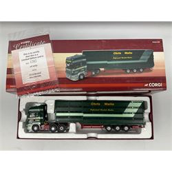 Corgi - three limited edition Hauliers of Renown lorries; CC13715 Scania R Series Topline Houghton Parkhouse 'The Professional' Livestock Transporter Chris Waite Transport; CC13812 Mercedes-Benz Actros Curtainside Eddie Stobart Ltd/Knauf; and CC13911 Foden Alpha Flatbed Trailer & Peat load R.J. & I. Monkhouse Ltd; all boxed with slipcases (3)