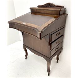 Early 20th century davenport, raised shaped back, leather inset writing slope, three real and three faux drawers 