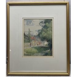 Lester Sutcliffe (British 1848-1933): Figures in a Riverside Village, watercolour signed 26cm x 20cm