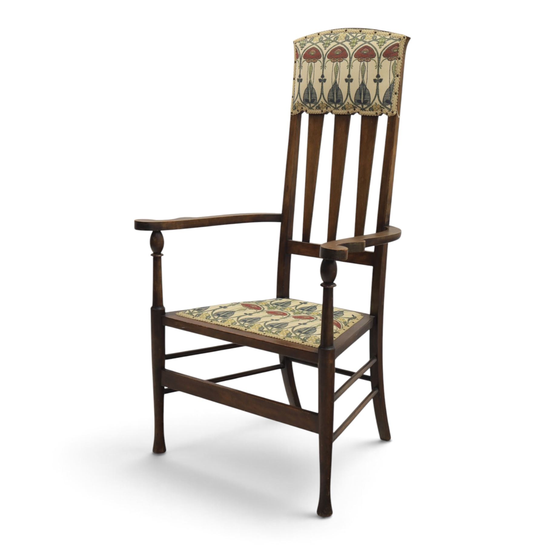 Robson & Sons, Newcastle on Tyne - Arts & Crafts high back armchair, upholstered in Mackintosh style fabric, shaped armrests and cylindrical supports united by stretchers