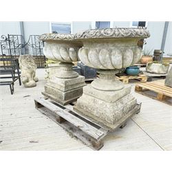 Pair of large weathered Country House Haddonstone garden urns, acanthus carved rim above gadrooned bowl, beaded detailing to the neck, raised on stepped double plinth base
