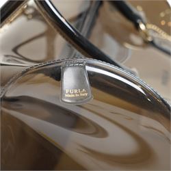 Furla - ‘Candy’ top-handle bag in smoky black transparent PVC, with rolled top handles, gold-tone hardware padlock, with front-hanging charm chain, with original Furla dust bag