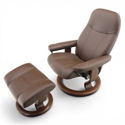 Ekornes - Stressless small brown leather recliner swiveling armchair and stool, brown leather recline with stitching, together with a matching stool, on a round base