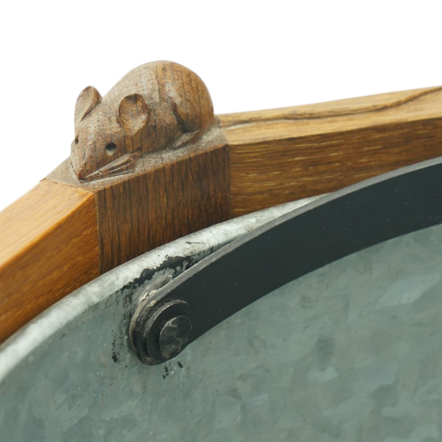 Mouseman - octagonal oak planter or log bin, with contrasting fumed oak panels, penny moulded top, with a cylindrical removable steel bucket, on eight short legs, with carved mouse signature, by the workshop of Robert Thompson of Kilburn, with 1997 original purchase receipt