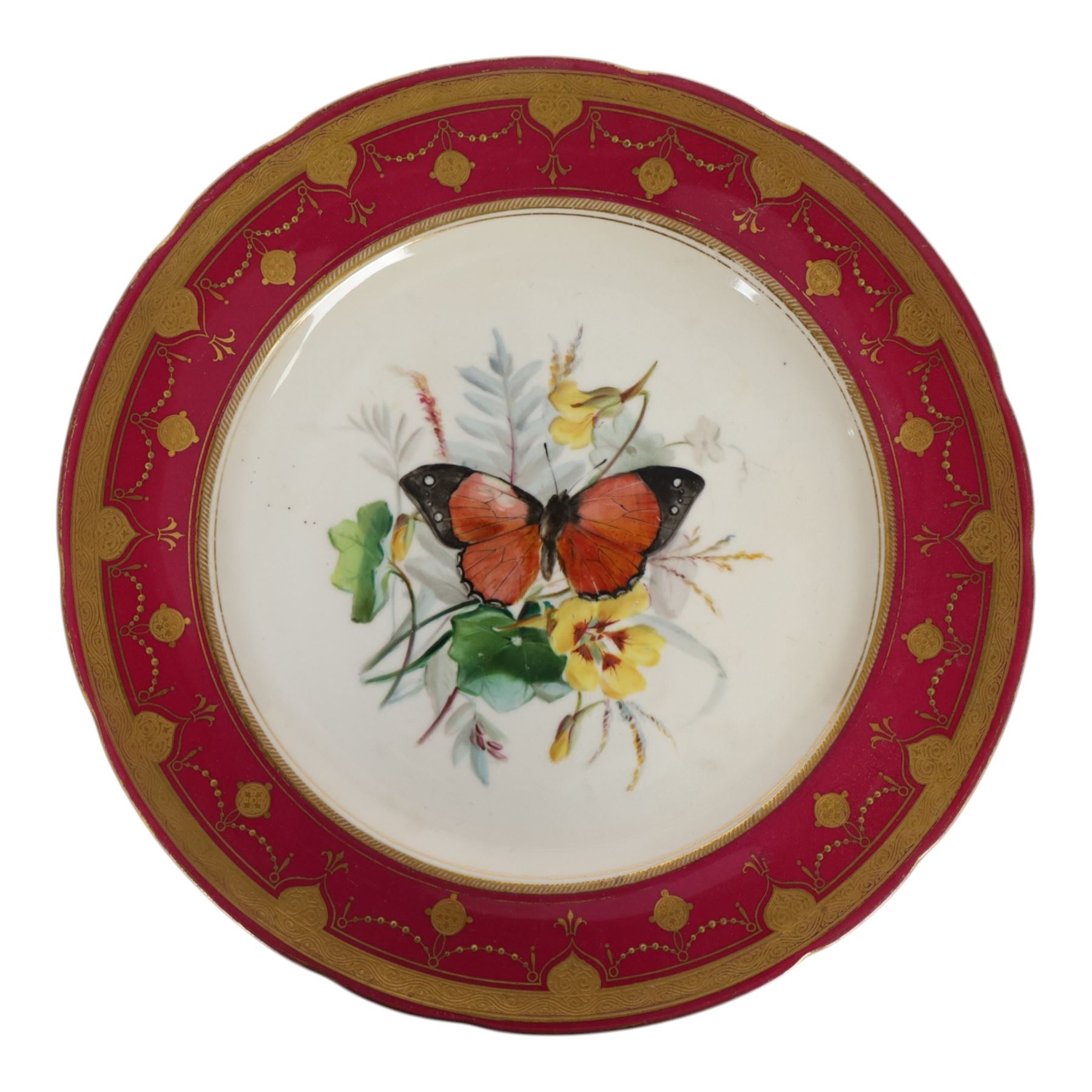 19th century Minton dessert plates, five decorated with a central ornithological study and four decorated with butterflied, each with within a red  and gilt board