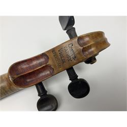 Late 19th century French three-quarter size 'Conservatory' violin with 34cm two-piece maple back and ribs and spruce top, the peg box inscribed 'Conservatory Violin Straduari', bears label 'Antonius Stradiuarius Cremonensis Faciebat Anno 1721' L55.5cm overall; in ebonised wooden 'coffin' case; and Saxony violin c1900 with 36cm two-piece maple back and ribs and spruce top; bears label 'Antonius Stradivarius Cremonensis Faciebat Anno 17**' L59cm overall; in carrying case (2)